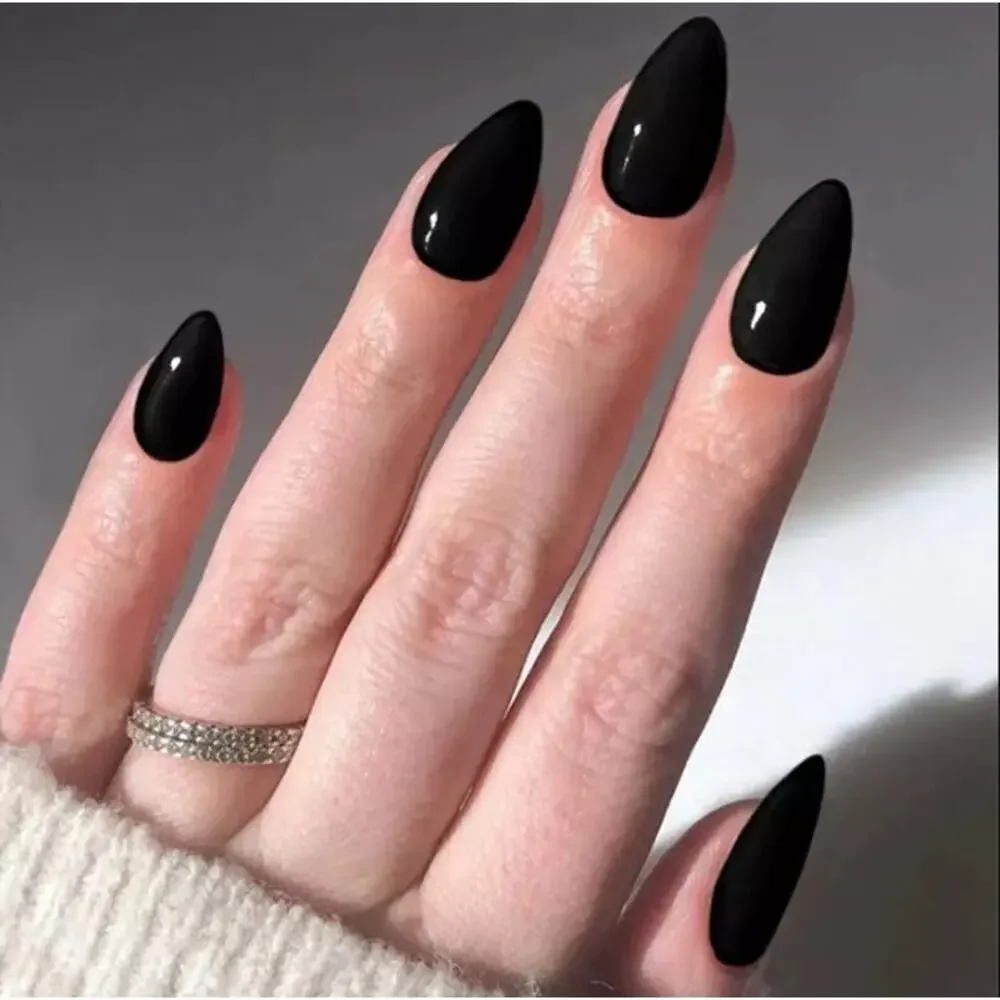 Press On Nails Last Long Onyx Black Short Almond Soft Gel and Super Hold Glue